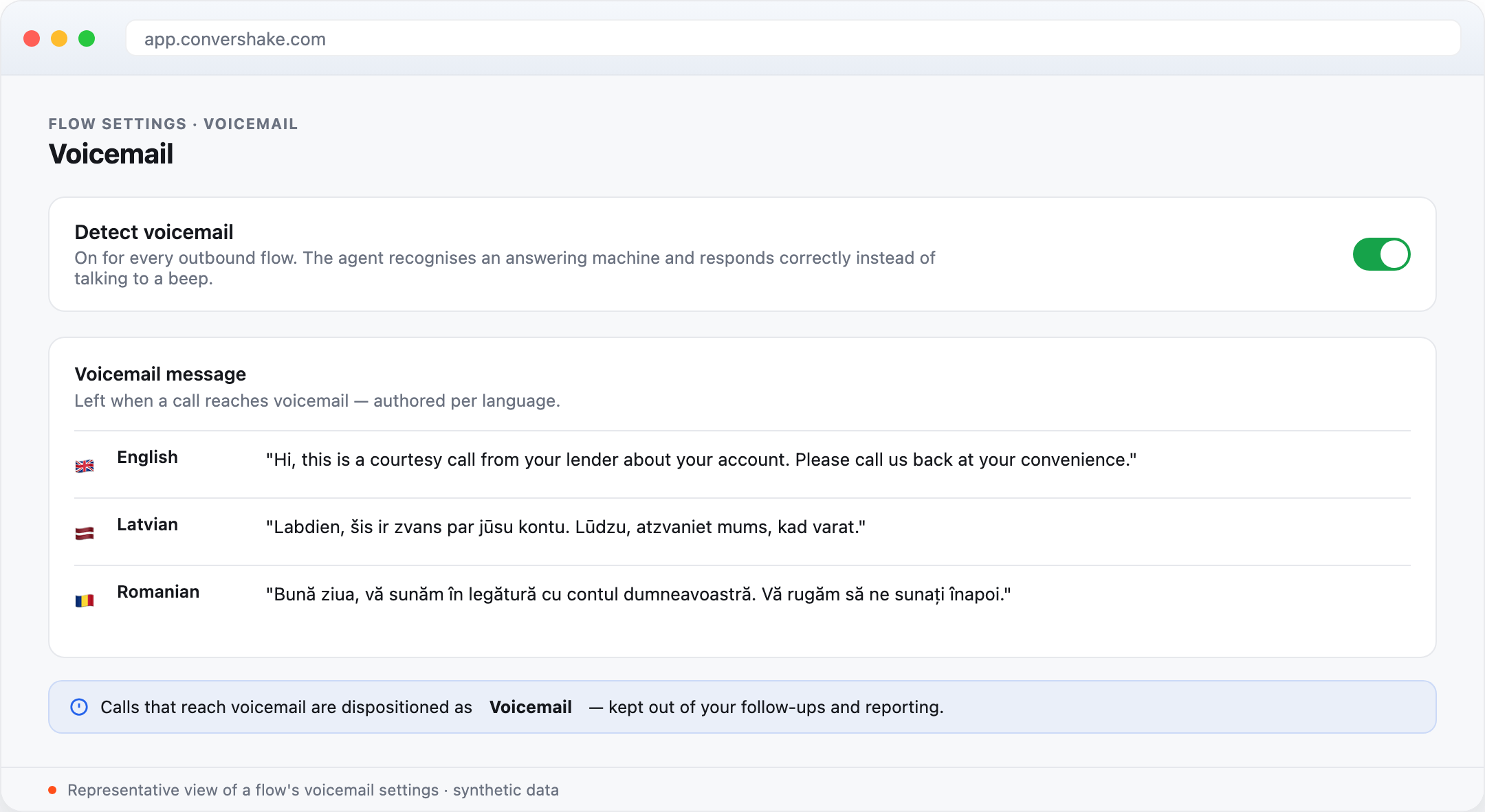 A flow's voicemail settings: a 'Voicemail detection' toggle on by default, an authored voicemail message per language, and a note that voicemail calls are dispositioned as voicemail.